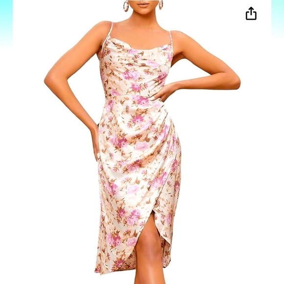 Floral Print Cowl Neck Ruched Spaghetti Strap Satin Slit Party Dress size Med - Picture 3 of 17